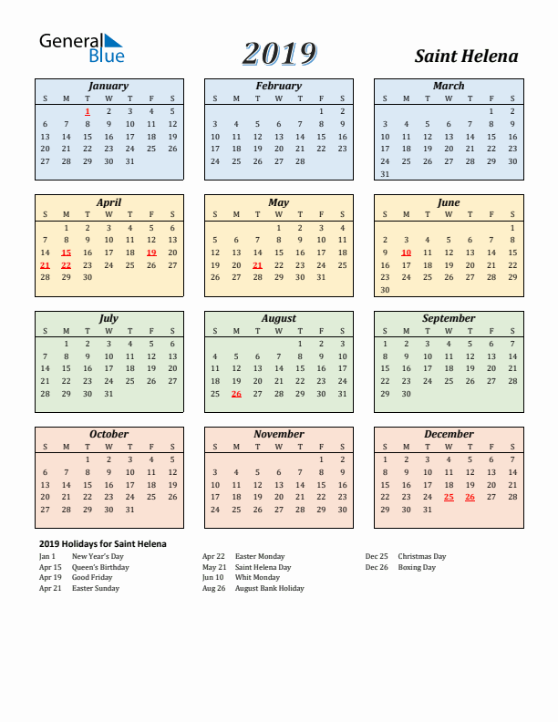 Saint Helena Calendar 2019 with Sunday Start