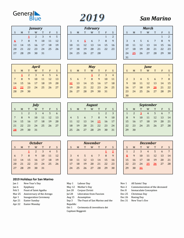 San Marino Calendar 2019 with Sunday Start
