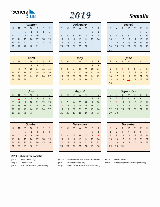 Somalia Calendar 2019 with Sunday Start
