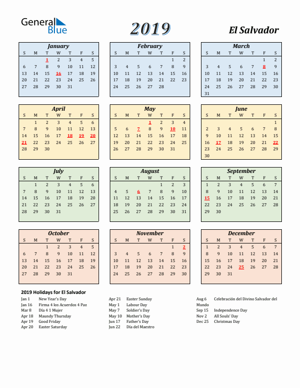 El Salvador Calendar 2019 with Sunday Start