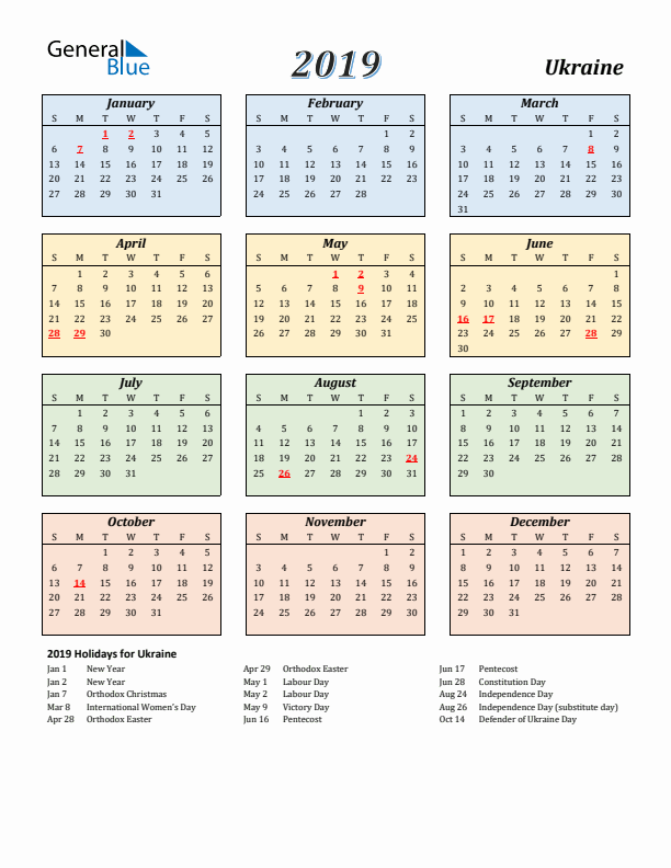 Ukraine Calendar 2019 with Sunday Start