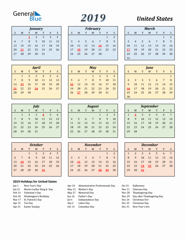 United States Calendar 2019 with Sunday Start