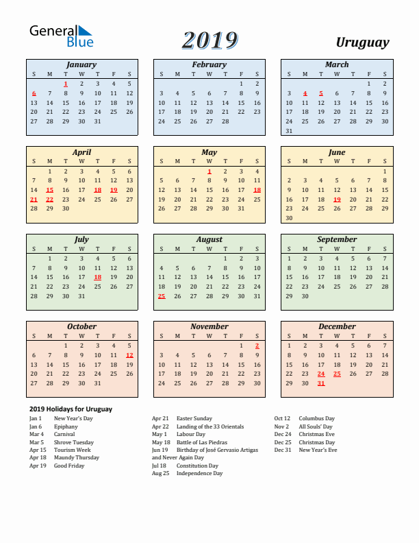 Uruguay Calendar 2019 with Sunday Start