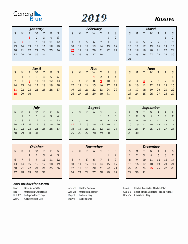 Kosovo Calendar 2019 with Sunday Start