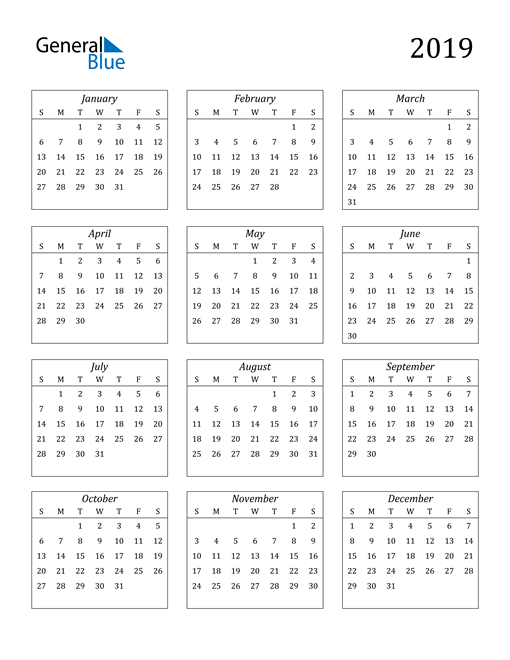 Blank Calendar 2019