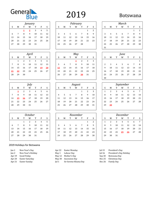 2019 Botswana Calendar with Holidays