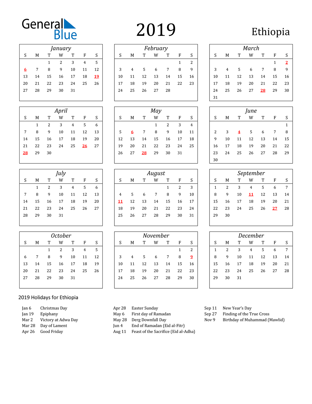 2019 Ethiopia Calendar with Holidays