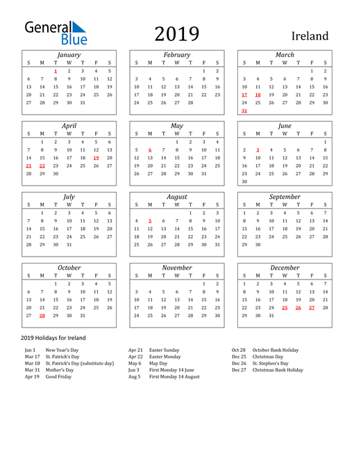 2019 Ireland Calendar with Holidays