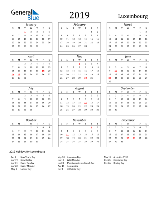 2019 Luxembourg Calendar with Holidays
