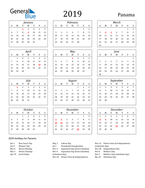 2019 Panama Calendar with Holidays