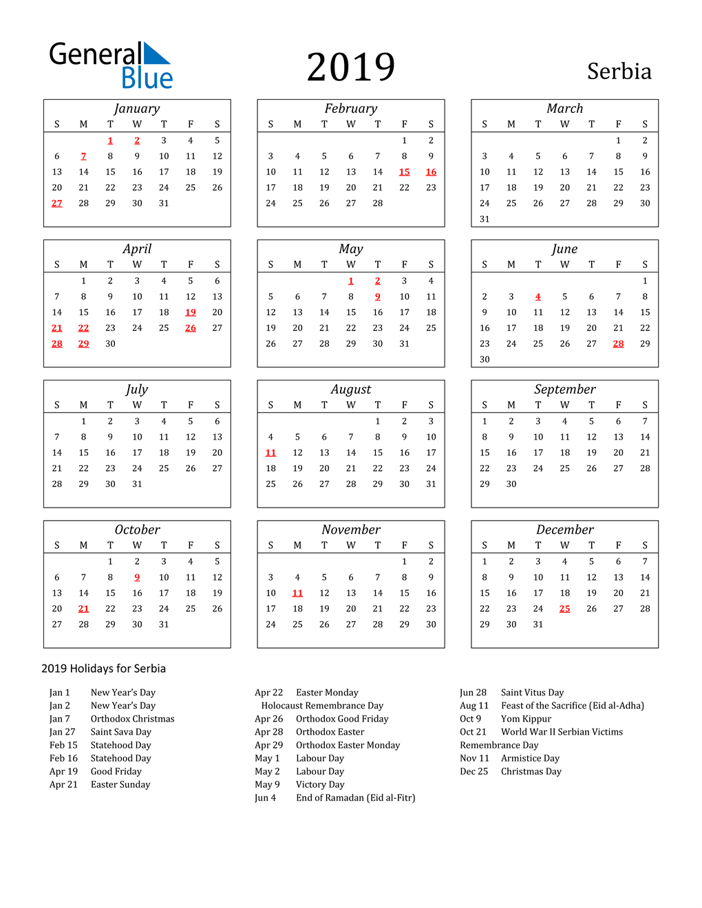 2019 Serbia Calendar with Holidays