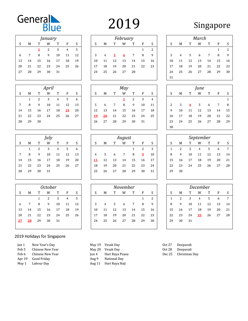 2019 Singapore Calendar with Holidays