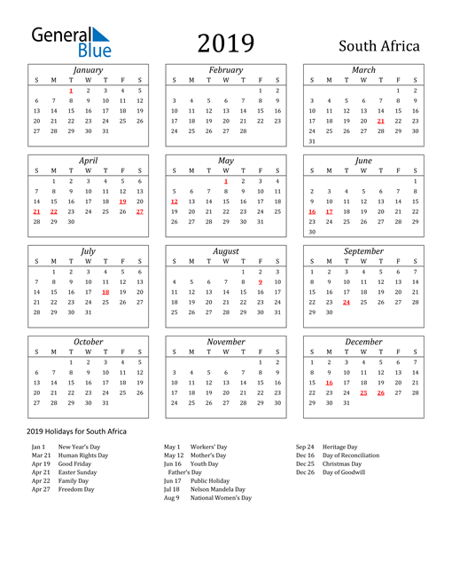 2019 South Africa Calendar with Holidays