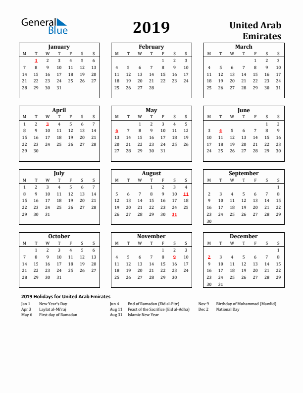 2019 United Arab Emirates Holiday Calendar - Monday Start