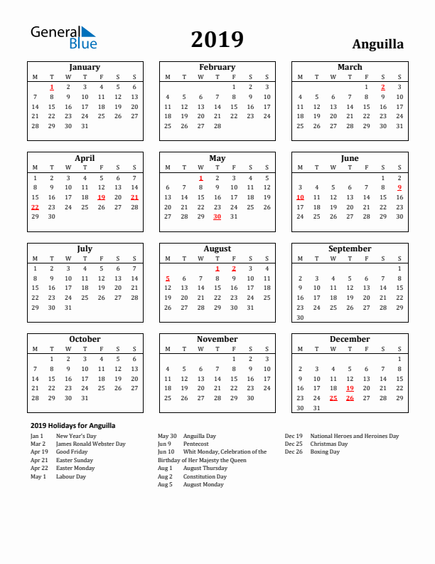 2019 Anguilla Holiday Calendar - Monday Start