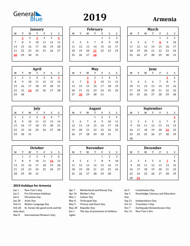 2019 Armenia Holiday Calendar - Monday Start