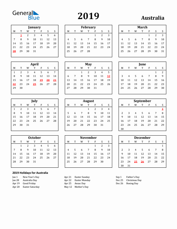 2019 Australia Holiday Calendar - Monday Start