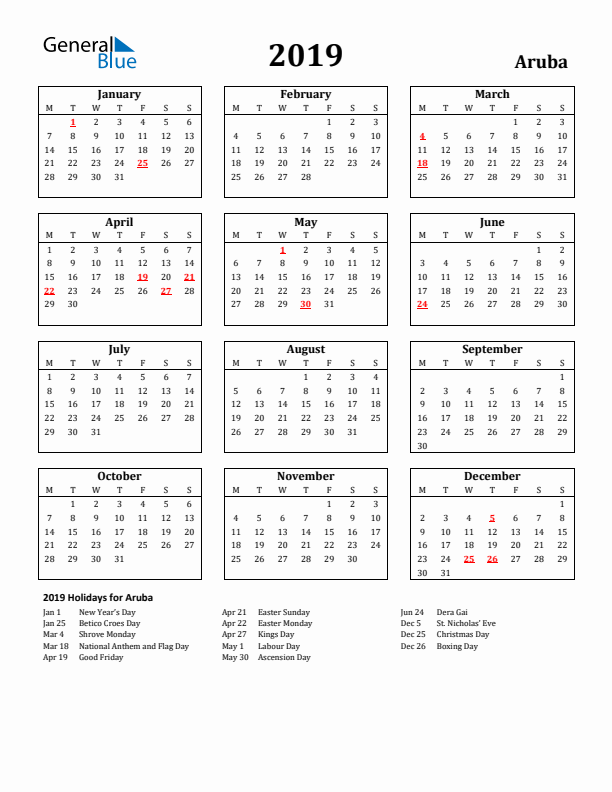 2019 Aruba Holiday Calendar - Monday Start