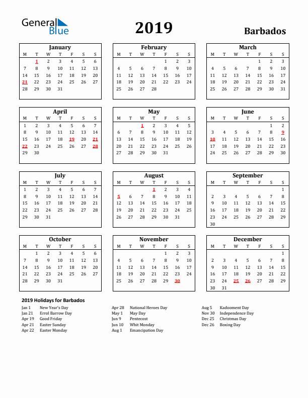 2019 Barbados Holiday Calendar - Monday Start