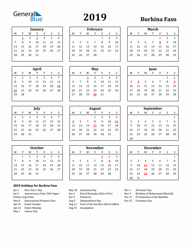 2019 Burkina Faso Holiday Calendar - Monday Start