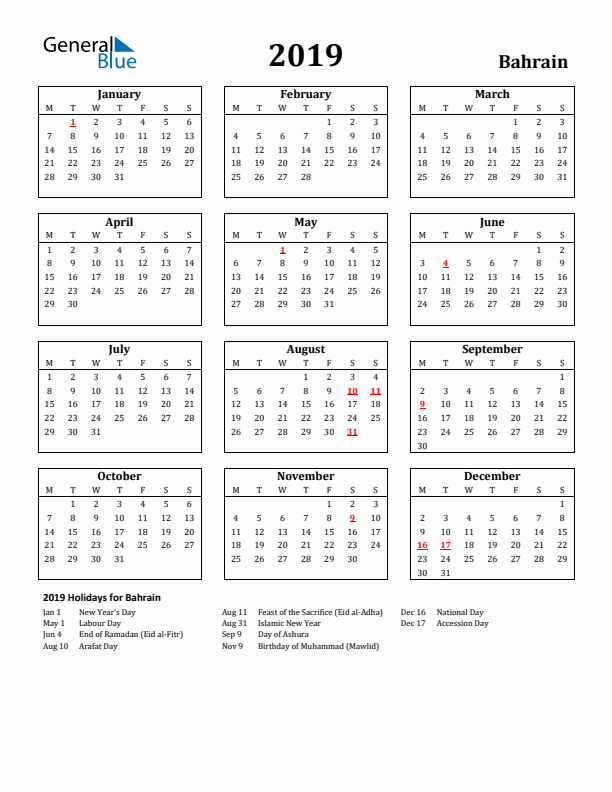 2019 Bahrain Holiday Calendar - Monday Start