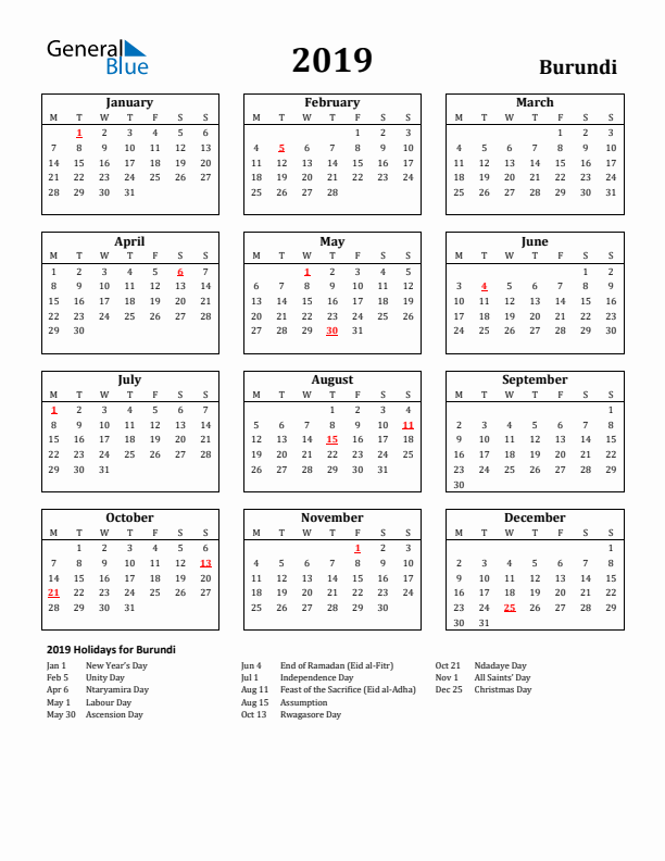2019 Burundi Holiday Calendar - Monday Start