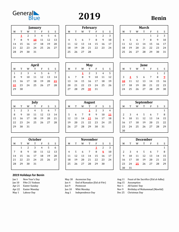 2019 Benin Holiday Calendar - Monday Start