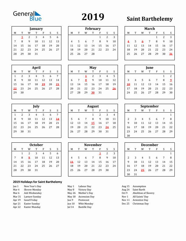2019 Saint Barthelemy Holiday Calendar - Monday Start