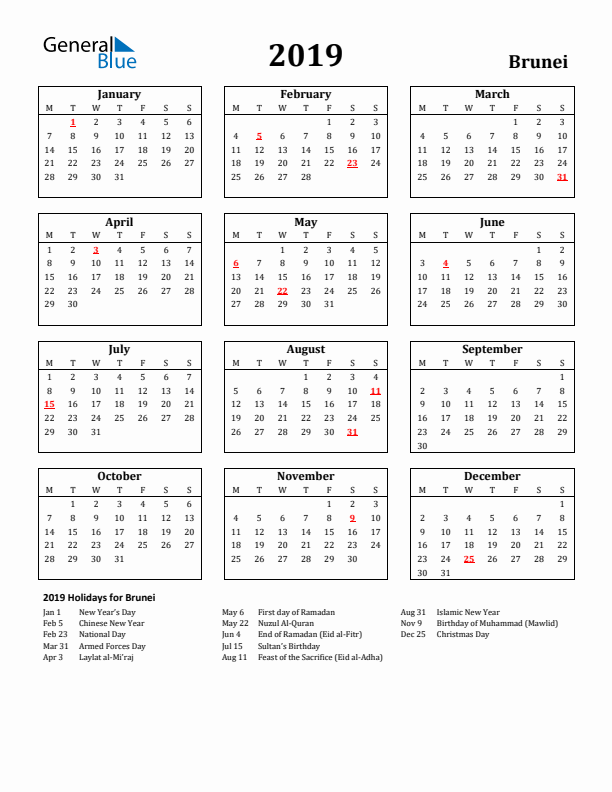 2019 Brunei Holiday Calendar - Monday Start