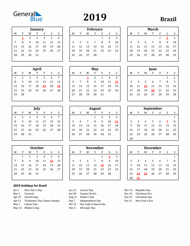 2019 Brazil Holiday Calendar - Monday Start