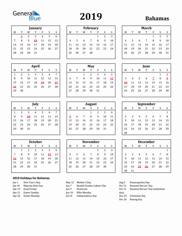 2019 Bahamas Holiday Calendar - Monday Start