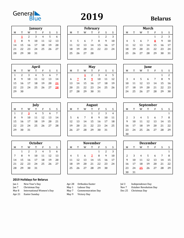 2019 Belarus Holiday Calendar - Monday Start