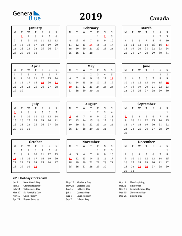 2019 Canada Holiday Calendar - Monday Start