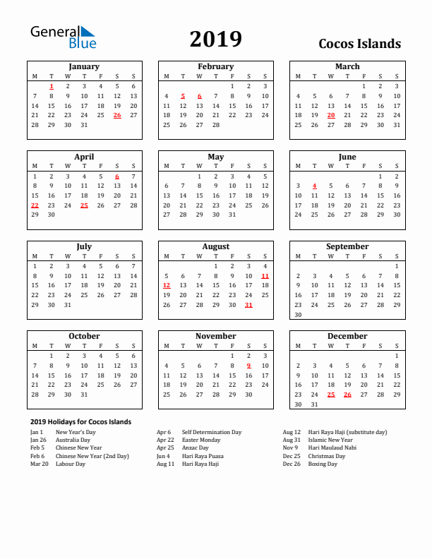 2019 Cocos Islands Holiday Calendar - Monday Start