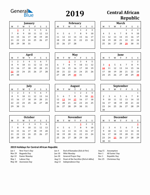 2019 Central African Republic Holiday Calendar - Monday Start