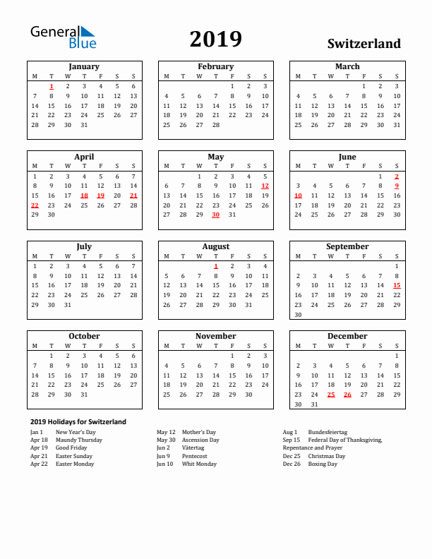 2019 Switzerland Holiday Calendar - Monday Start