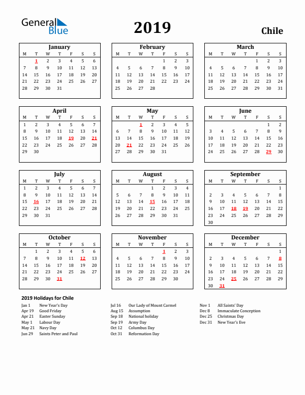 2019 Chile Holiday Calendar - Monday Start