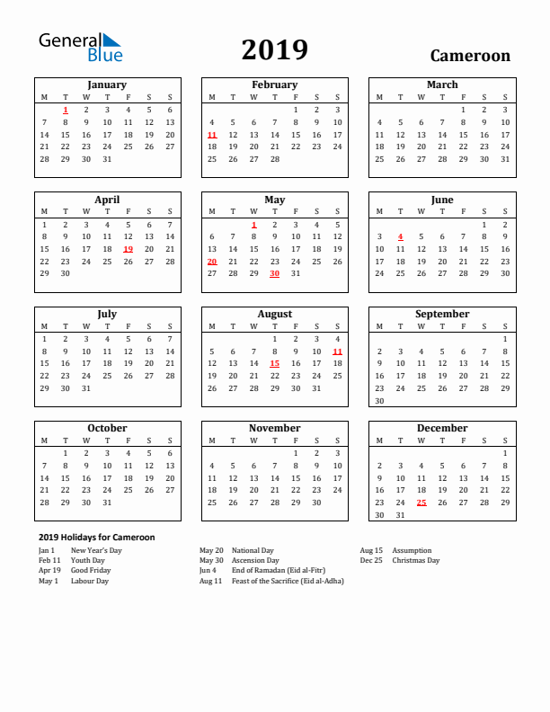 2019 Cameroon Holiday Calendar - Monday Start