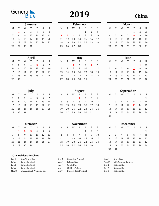 2019 China Holiday Calendar - Monday Start
