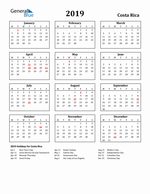 2019 Costa Rica Holiday Calendar - Monday Start