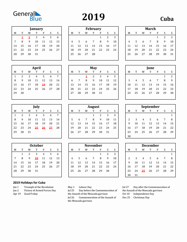 2019 Cuba Holiday Calendar - Monday Start