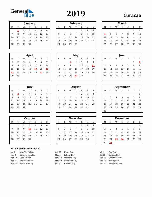 2019 Curacao Holiday Calendar - Monday Start