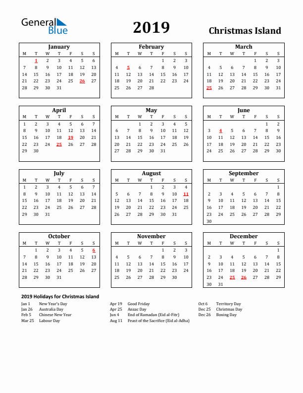 2019 Christmas Island Holiday Calendar - Monday Start