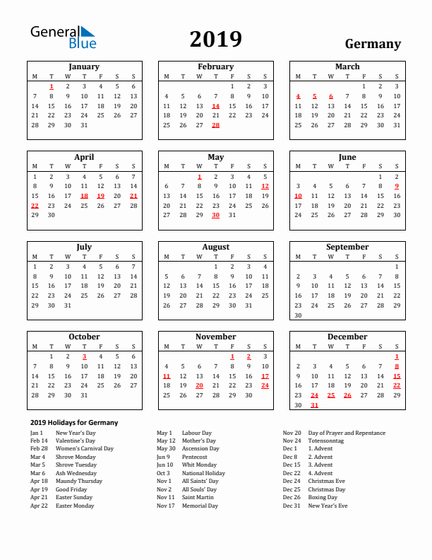 2019 Germany Holiday Calendar - Monday Start
