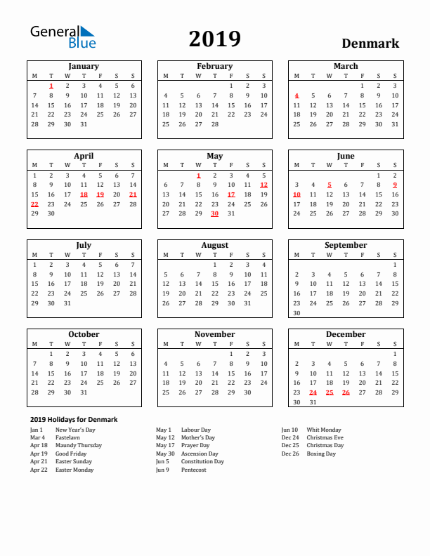 2019 Denmark Holiday Calendar - Monday Start