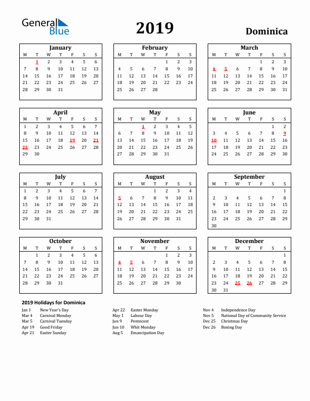 2019 Dominica Holiday Calendar - Monday Start