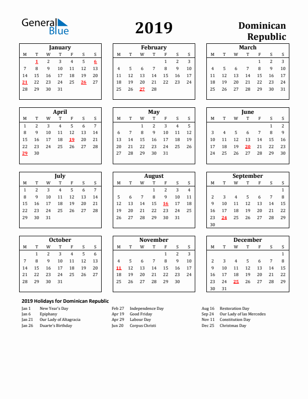 2019 Dominican Republic Holiday Calendar - Monday Start