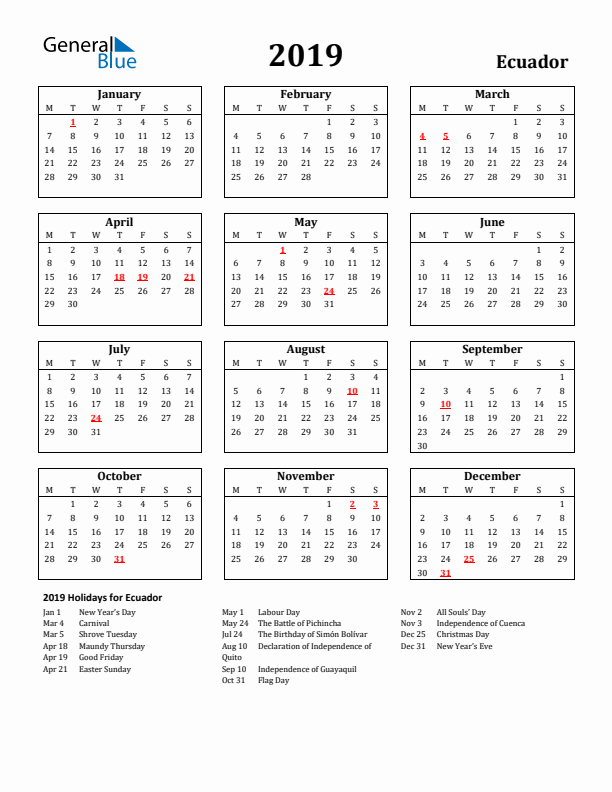 2019 Ecuador Holiday Calendar - Monday Start