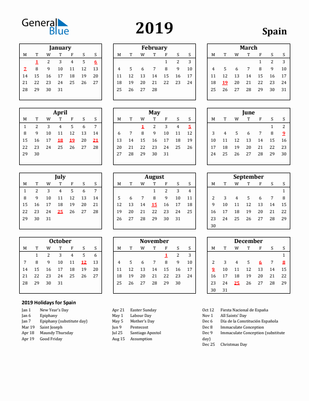 2019 Spain Holiday Calendar - Monday Start
