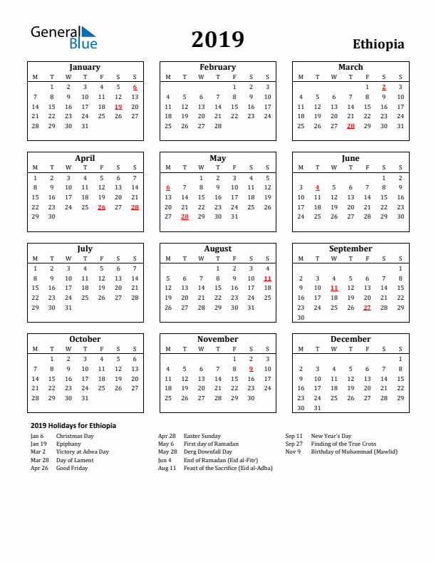 2019 Ethiopia Holiday Calendar - Monday Start